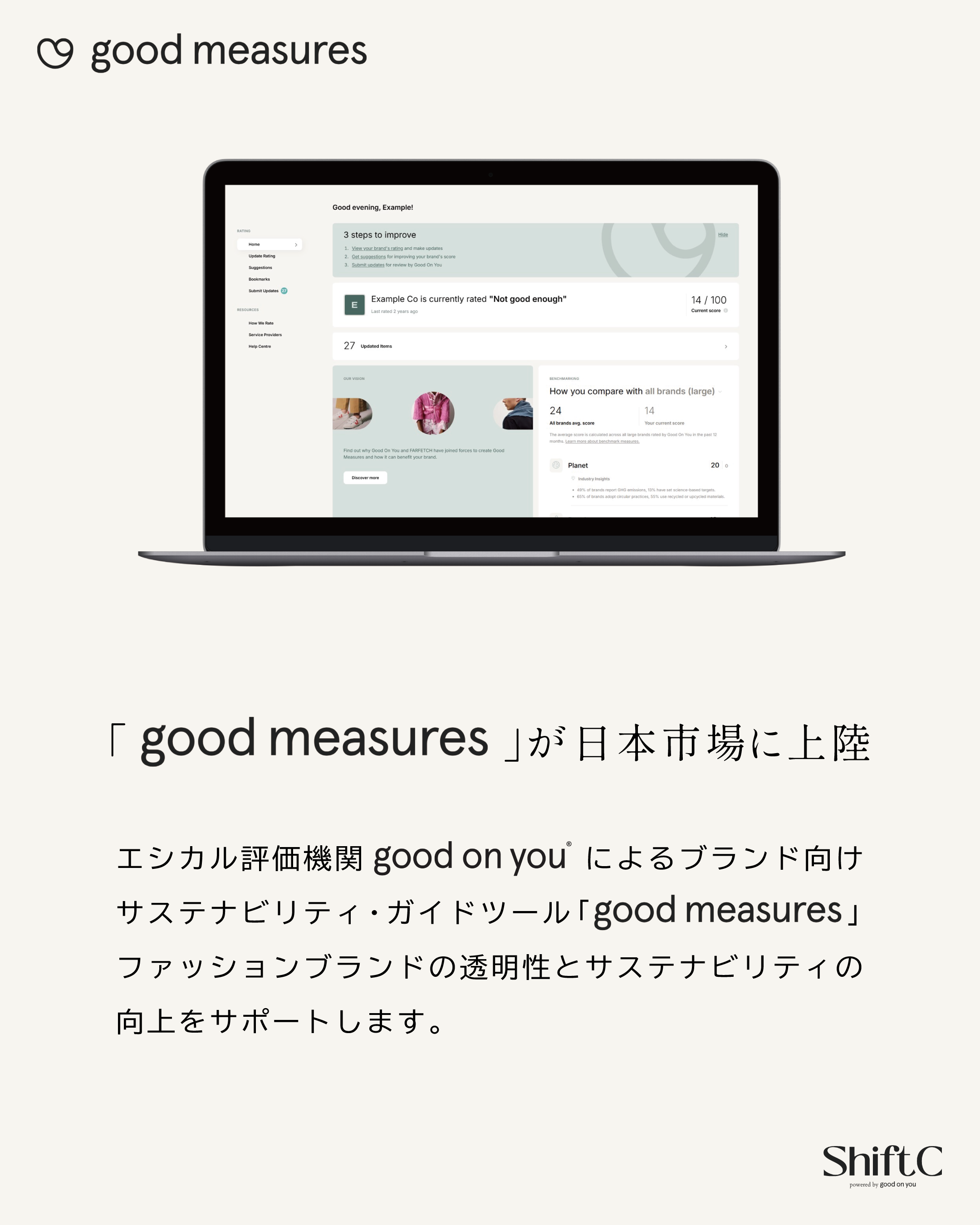 「good measures」が日本市場に上陸 エシカル評価期間good on youによるブランド向けサステナビリティ・ガイドツール「good measures」 ファッションブランドの透明性とサステナビリティの向上をサポートします。